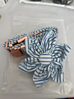Unique Style Paws Dog Collar Large blue & white stripes with flowers