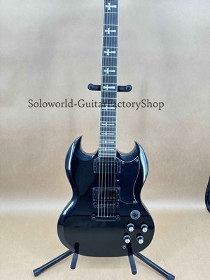 SG Custom Black Electric Guitar Fixed Bridge Cross Fretboard Inlay 2H Pickups 