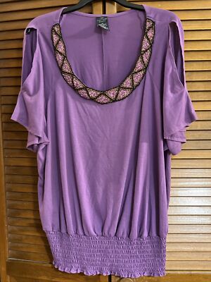 FADED GLORY3X (22W-24W) Top-Embellished Neck-Peekaboo Sleeve-SmockedWaist-NWOT