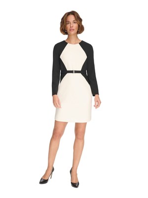 DKNY Womens Ivory Belted Lined Long Sleeve Above The Knee Sheath Dress 16