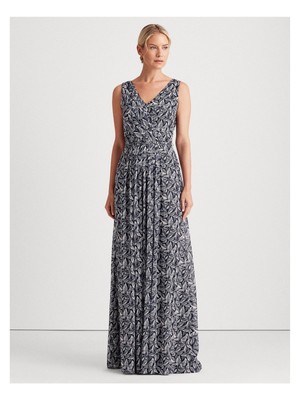 

RALPH LAUREN Женское темно-синее плиссированное платье макси с принтом и V-образным вырезом, Navy