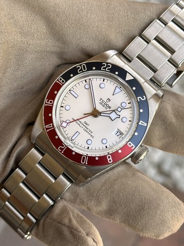 Pre-owned Tudor Black Bay Gmt 79830rb Opaline Dial Steel Watch Silver White
