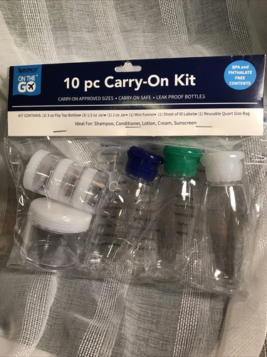 SPRAYCO ON THE GO 10 piece carry on kit. NEW CLEAR AIRPLANE TSA BOTTLES 
