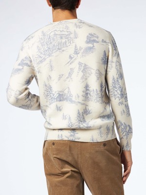 Pre-owned Mc2 Saint Barth Man Crewneck Toile De Jouy Sweater With La Montagne Embroidery In White