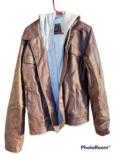 obey backstage hooded faux leather jacket men's medium
