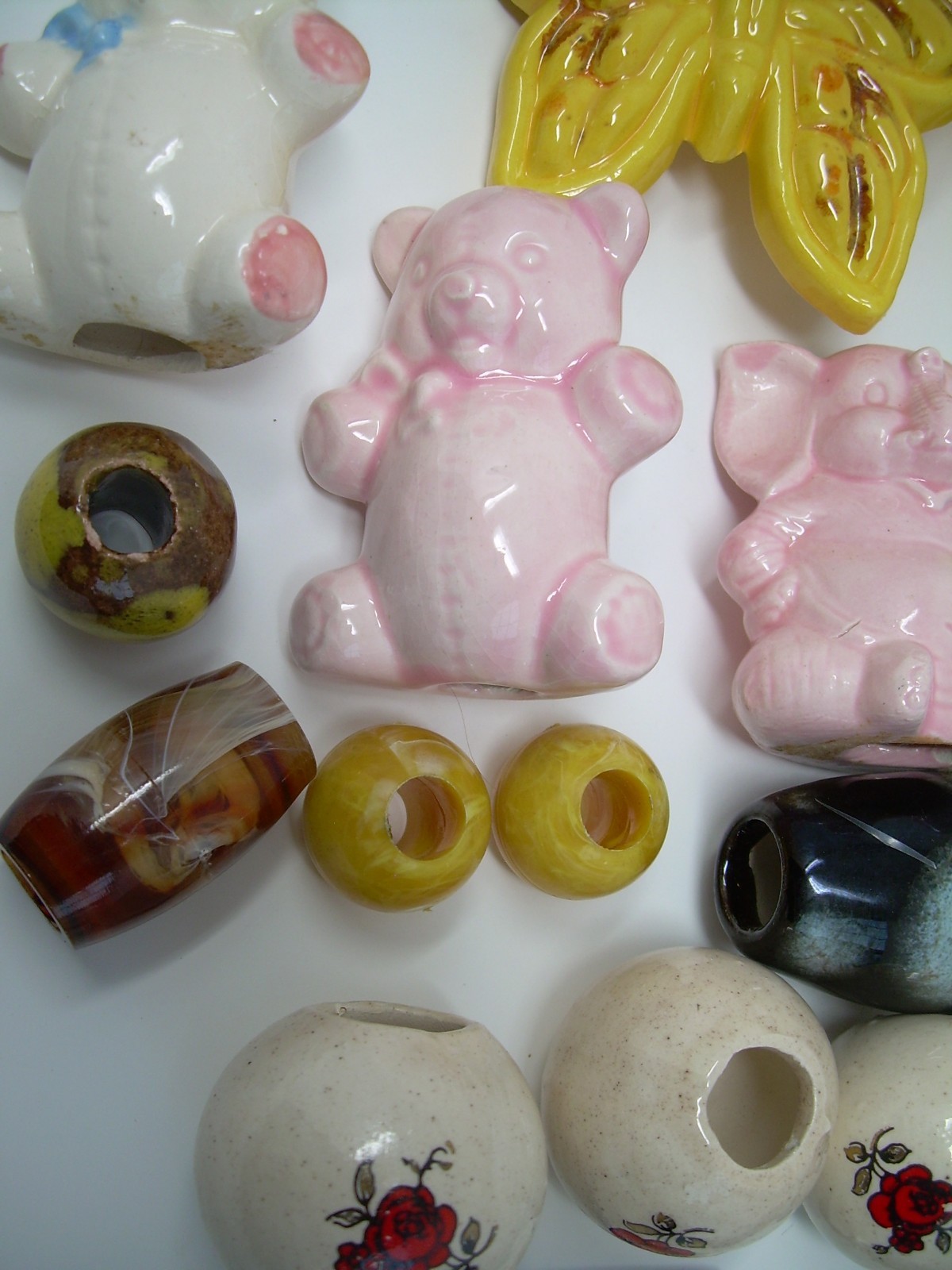 HUGE Lot Vtg Macrame Beads Ceramic & Wood Turtles Mushrooms Bears Butterflies +