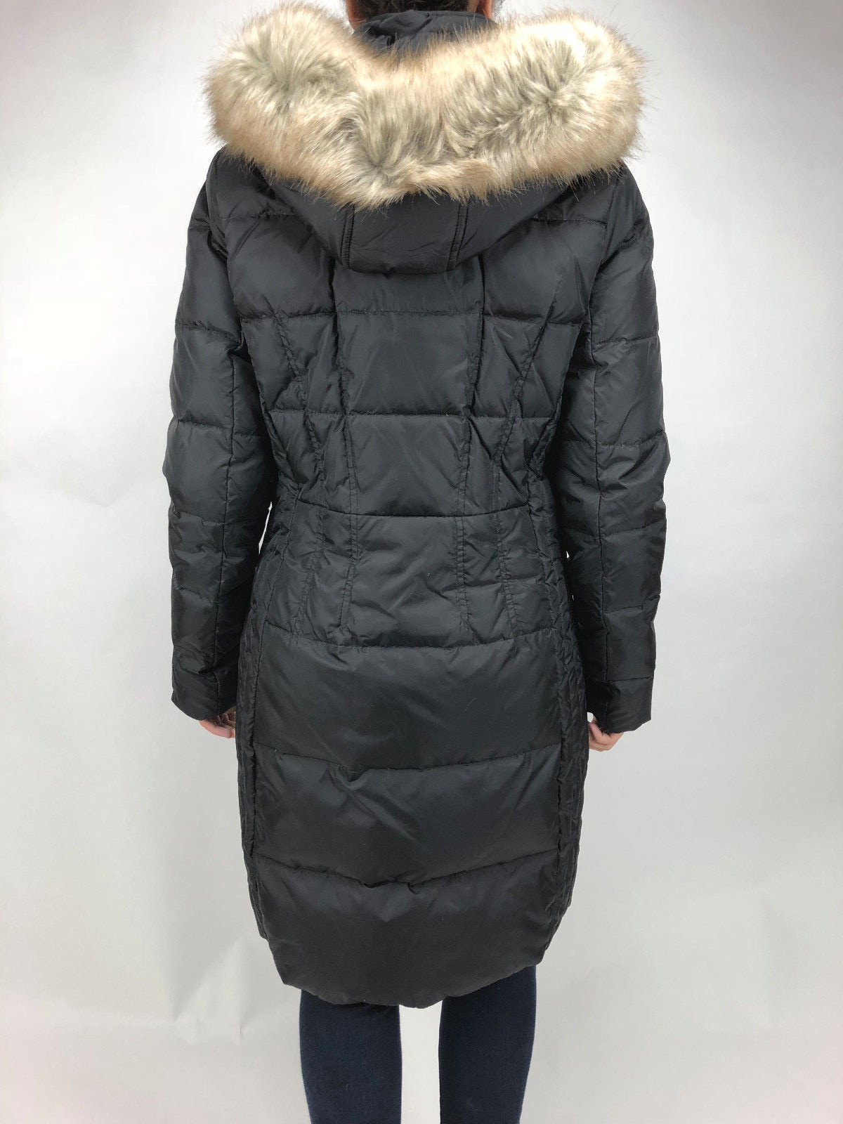 Pre-owned Michael Kors Womens  Down Puffer Jacket Bubble Coat Black Gold Faux Fur Trim Hood