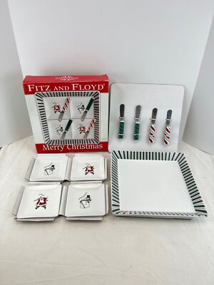 Fitz & Floyd Merry Christmas Appetizer Serving Set, 9 Pieces Santa Snowman NIB