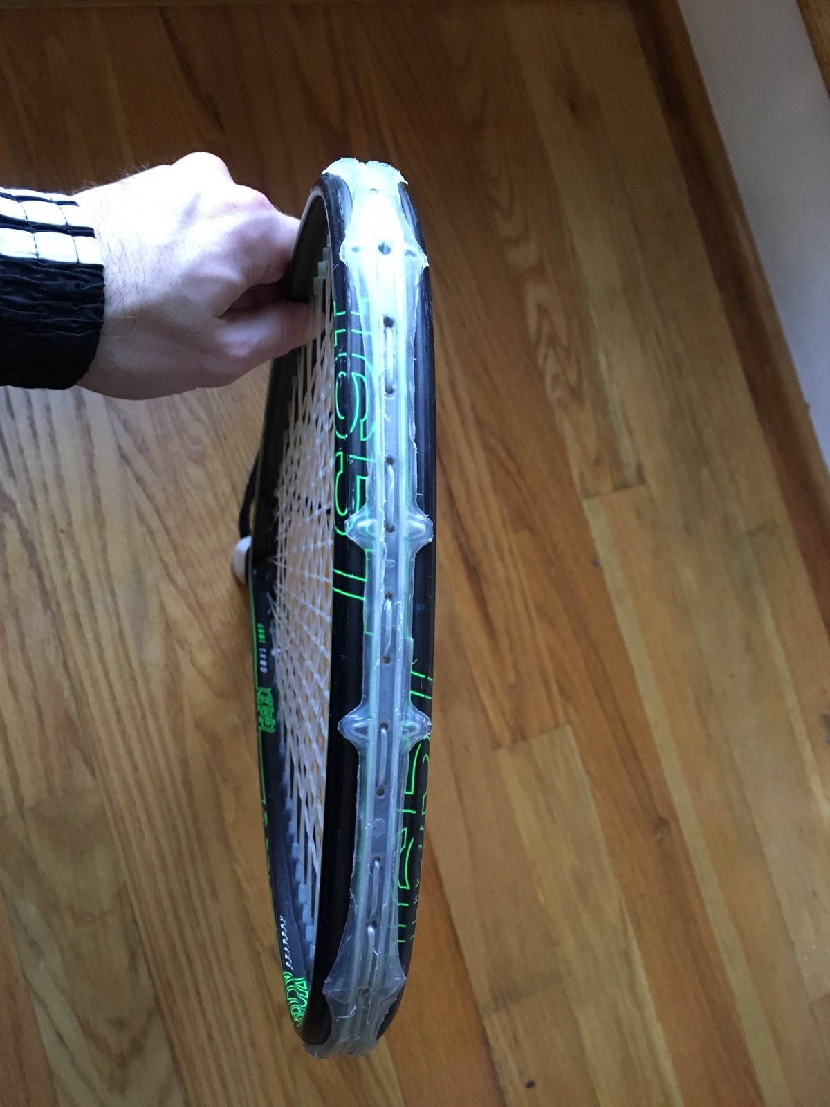 GEARBOX 2018 GBX1 165T, BLACK RACQUETBALL RACKET w GREEN DETAILING.