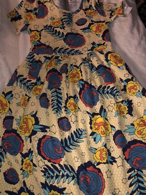 NEW LuLaRoe Large Yellow Blue Red Cabbage Roses Tattoo Amelia 14/16 12/14 NWT
