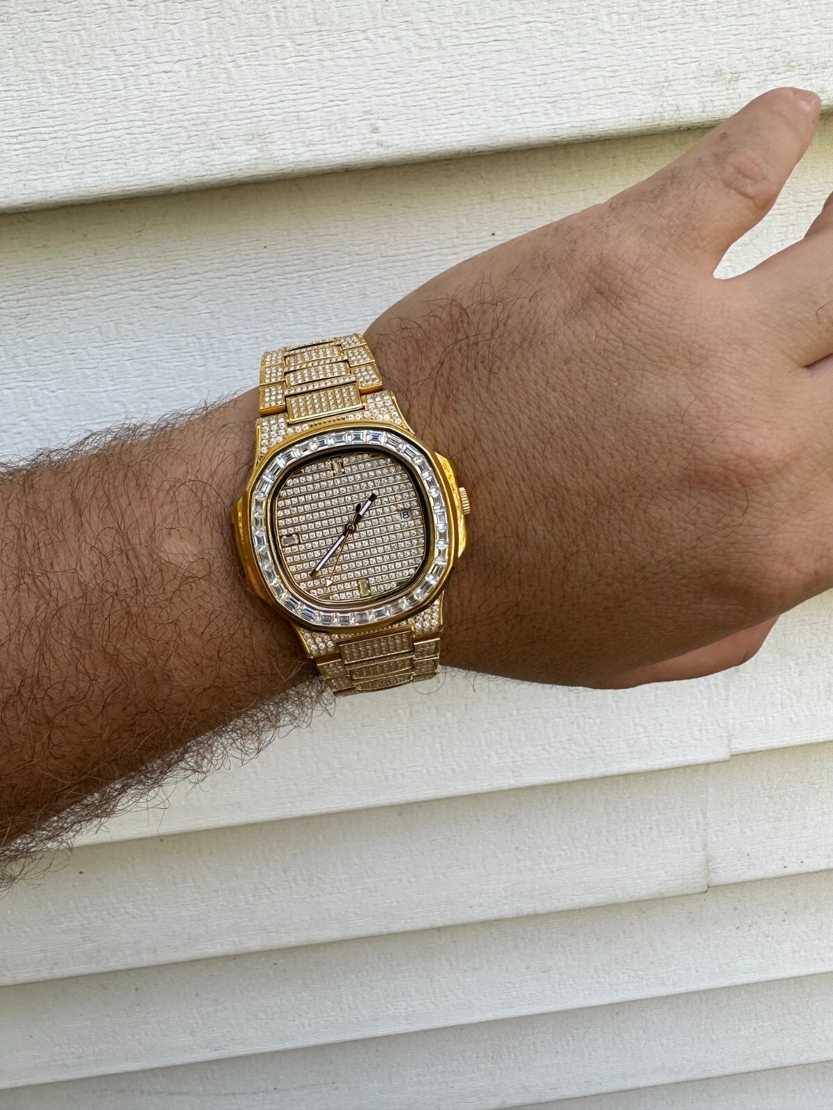 Pre-owned Real Mens Baguette 14k Gold  Moissanite Watch Iced Automatic Movement Hiphop