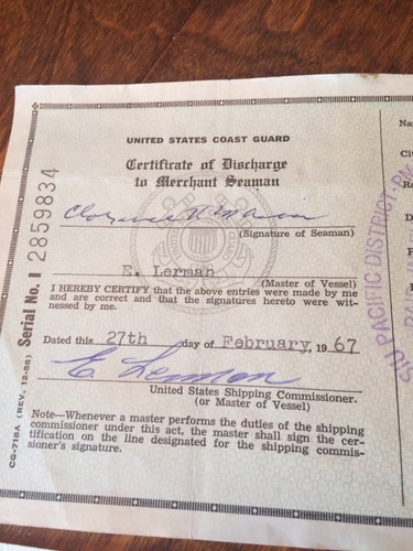 3 1967 U.S. Coast Guard Certificate of Discharge Merchant Seaman Steam Vessels
