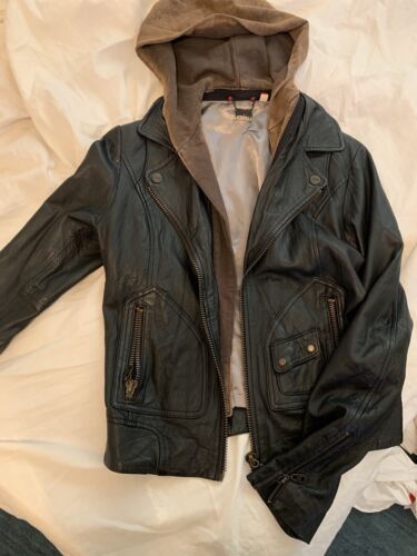 Doma Leather Jacket Black Zip Up Detachable Fabric Hood Doma Leather Jacket Black Zip Up Detachable Fabric Hood