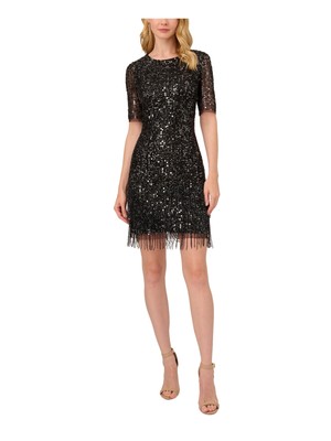 ADRIANNA PAPELL Womens Black Lined Fringe Hem Elbow Sleeve Sheath Dress 2