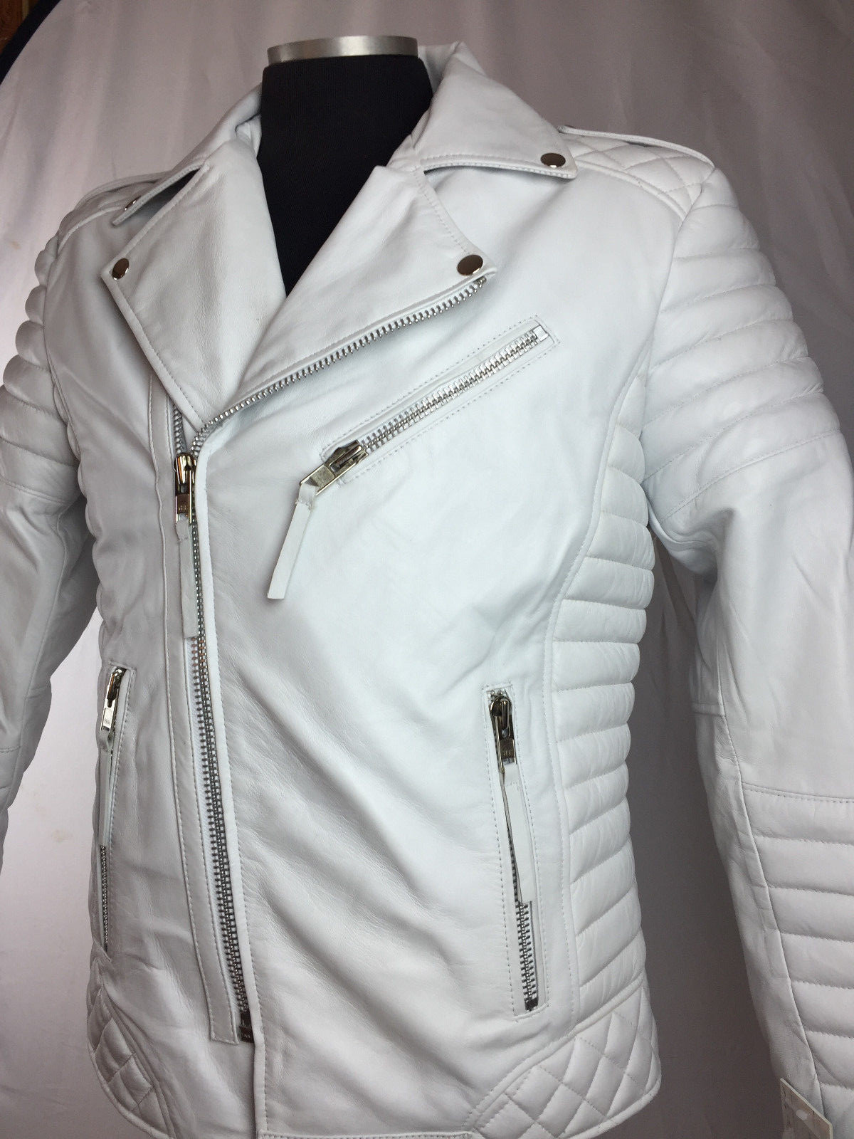 Pre-owned Genuine Leather Mens Real Lambskin Leather Biker Jacket Motorcycle White M L Xl 2x 3x 4x 5x 6x