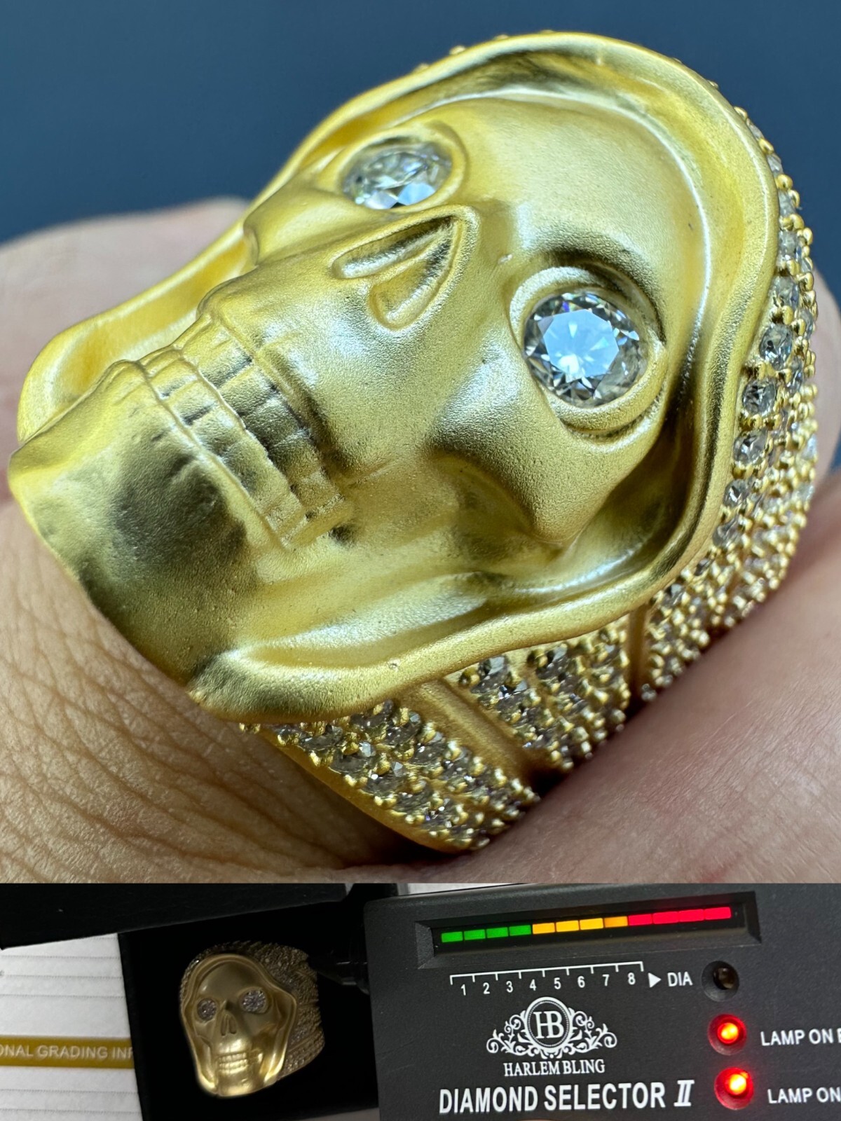 Pre-owned Silver Moissanite Iced Heavy Death Skull Ring Matte Real 14k Gold Over 925  In White