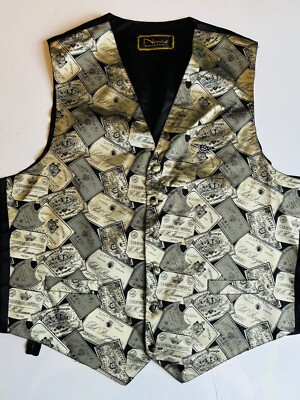 VTG CHAMPAGNE LABEL PRINT BROCADE VEST MOET DOM PERIGNON MUM*HAS A FOX LOGO*L
