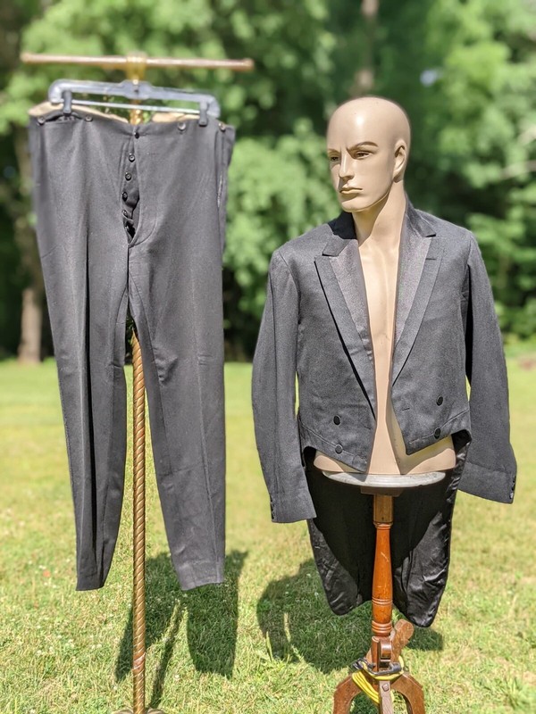 ANTIQUE 1920’S 2 PC MEN’S BLACK SUIT W TAILS & BRAID ON PANTS