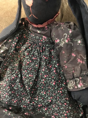 Vintage Floppy Ear Black Bunny Rabbit Handmade Stuffed Doll W/ Country Outfit