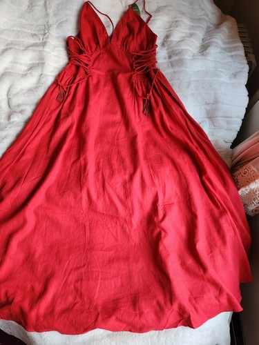 Pre-owned Farm Rio Linen-blend Lace-up Midi-dress Red Sz Xl