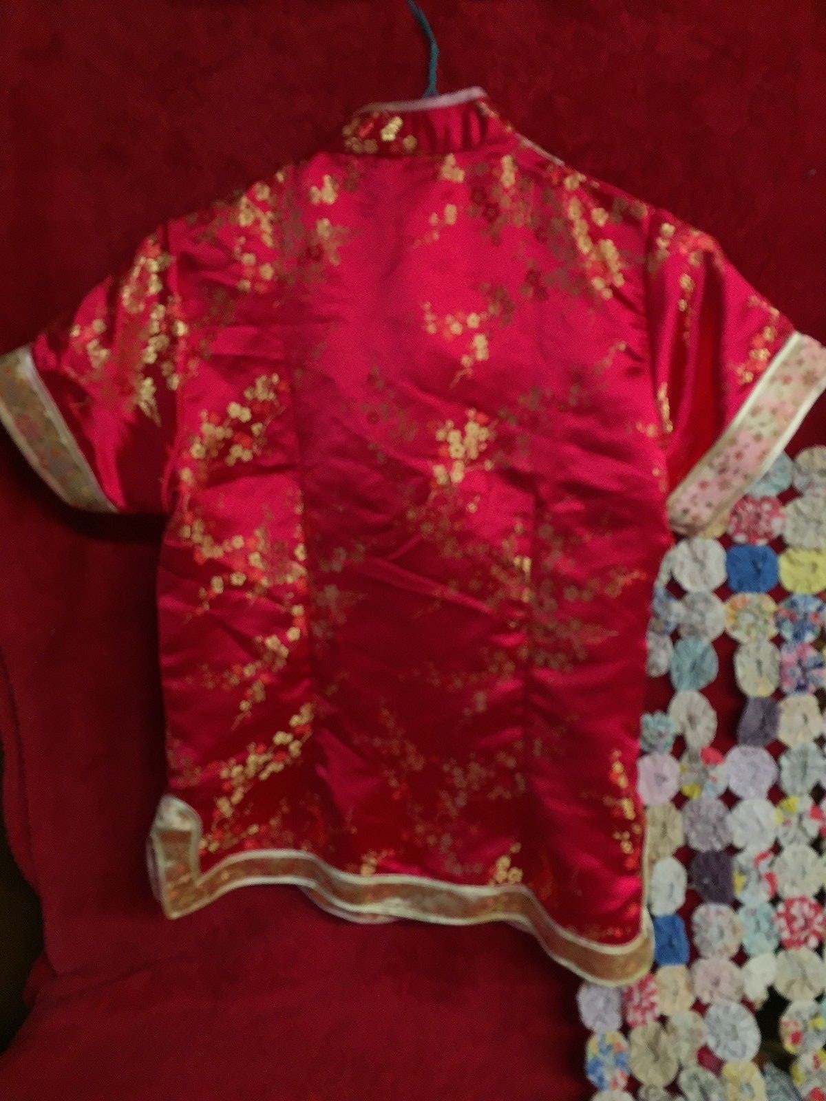 Ladies Size 14 Red & Gold Silk/Satin Chinese Blouse Floral Fringe Asian Style