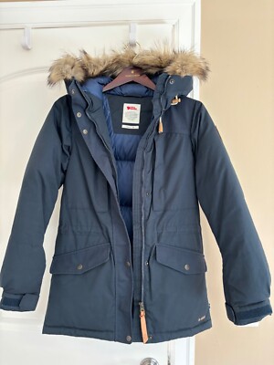 Fjallraven Womens Singi Down G-1000 navy faux fur Jacket sz XS