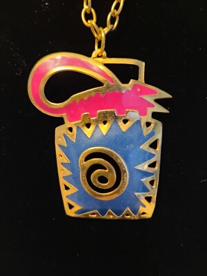  Edgar Berebi Pink And Blue Lizard Necklace Gold Tone Bright Colors