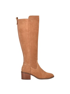 

Женские коричневые кожаные ботинки для верховой езды MARC FISHER с круглым носком и молнией на многоуровневом каблуке, Коричневый, QMRELA