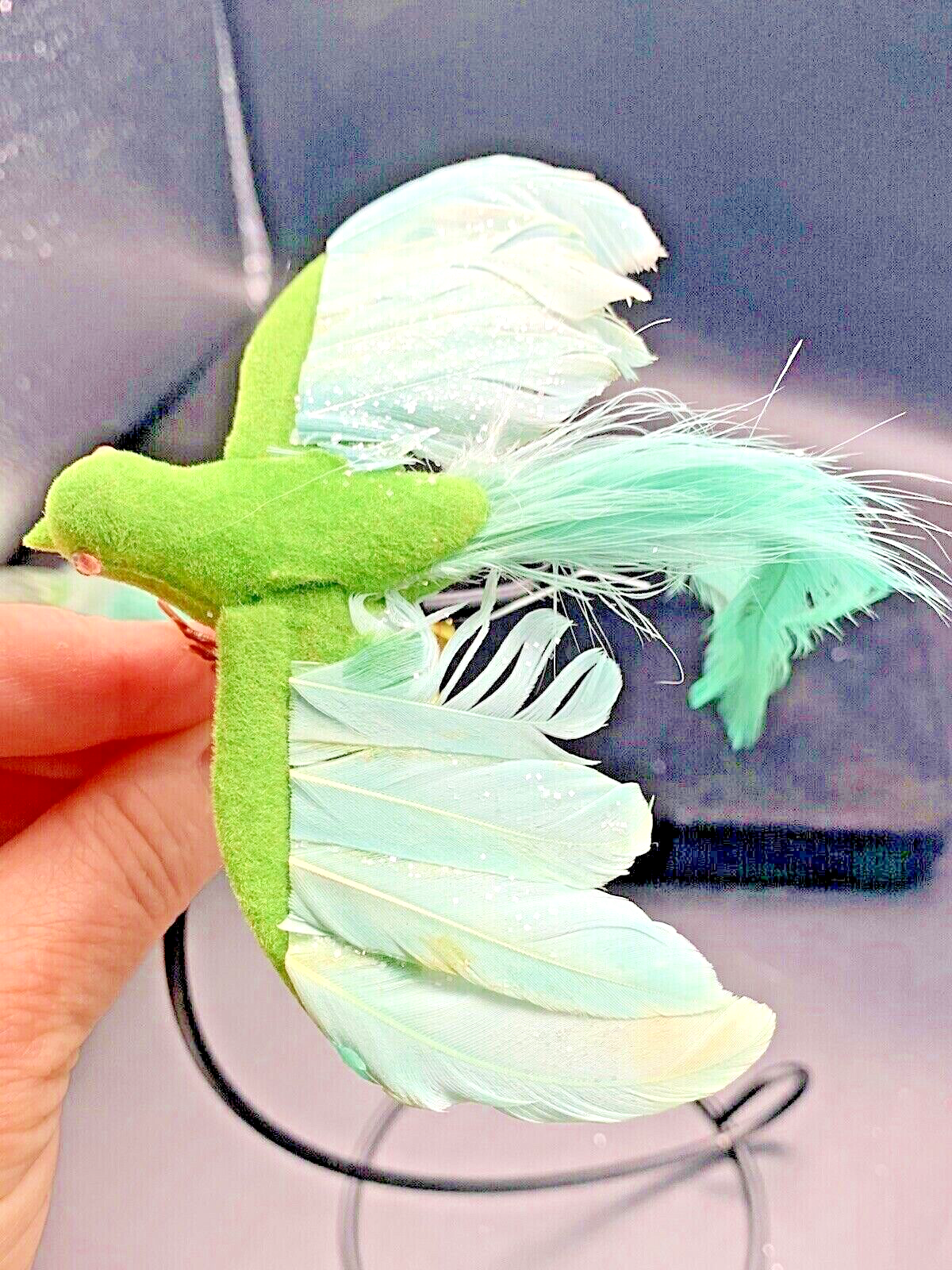 Vintage Chartreuse Blowmold Natural Feather Rhinestone Bird Ornament NOS