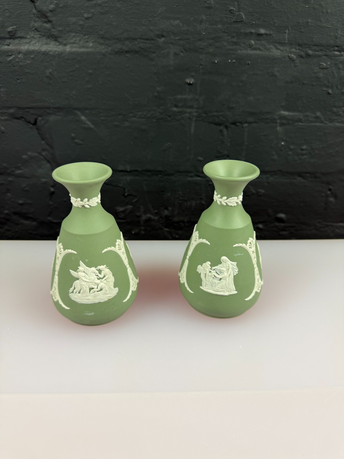 Wedgwood Green Jasper Ware Bud Flower Vase 12.5 cm High Set of 2