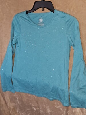 Faded Glory Sparkling Glitter Sleeve Shirt Teal Blue Girls Size XL (14-16) New