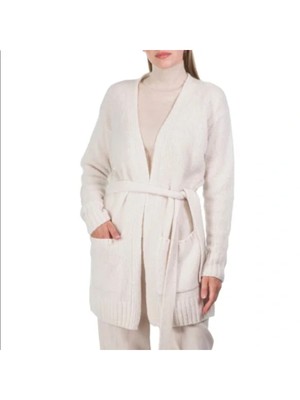 

MAXMARA Женский Бежевый Кардиган с Длинным Рукавом и Открытой Передней Отделкой Поясом Для Работы