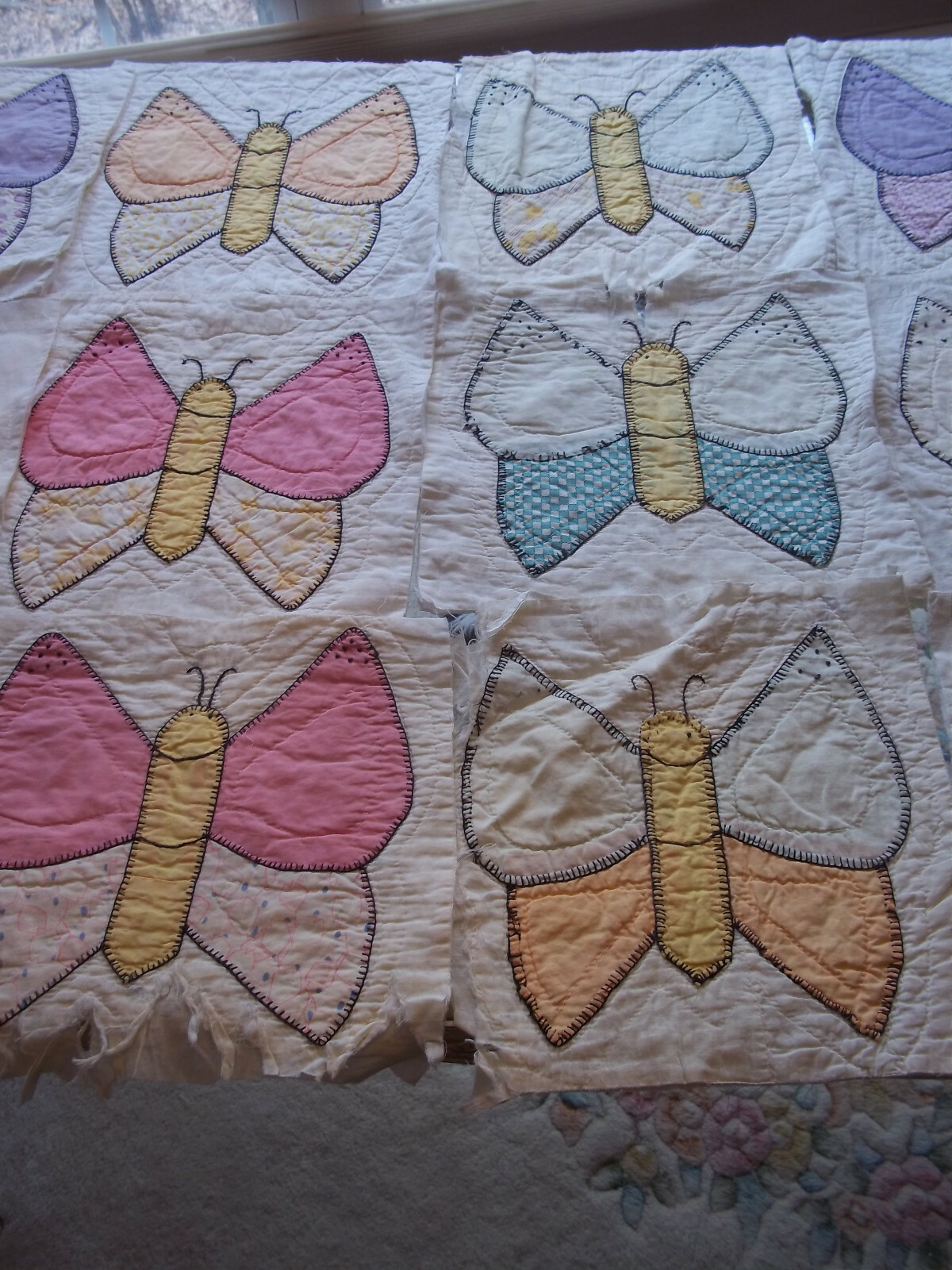 Antique quilt squares butterfly appliqued & embroidered & hand quilted 14 pcs