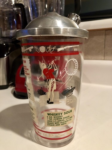 Vtg Sports Glass Cocktail Shaker Drink Recipes Manhattan Martini Whiskey Sour