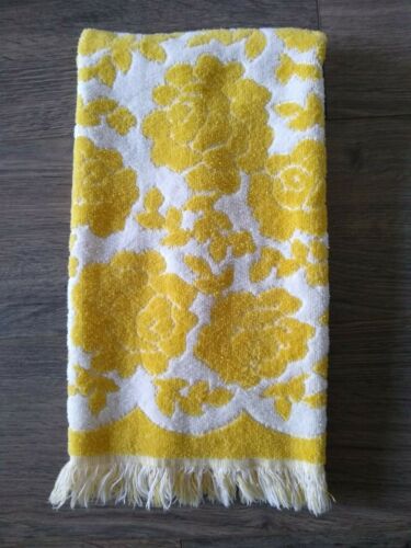 Vintage Hand towel Bright Yellow & White floral roses retro 27"x15" fringe boho