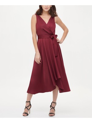 

DKNY Womens Maroon Tie без рукавов с V-образным вырезом Midi Evening Faux Wrap Dress