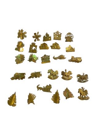 VTG 25 BRASS GOLD ORNAMENTS CHRISTMAS DIE CUT FILAGREE Horse Santa Train Tree