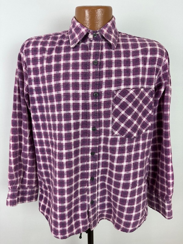 Vintage 80s Open Trails Flannel Shirt Men M Slim Fit Purple Check Hipster Grunge