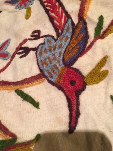 Antique Embroidered burlap Fabric Birds Spring Flowers California Estate Item