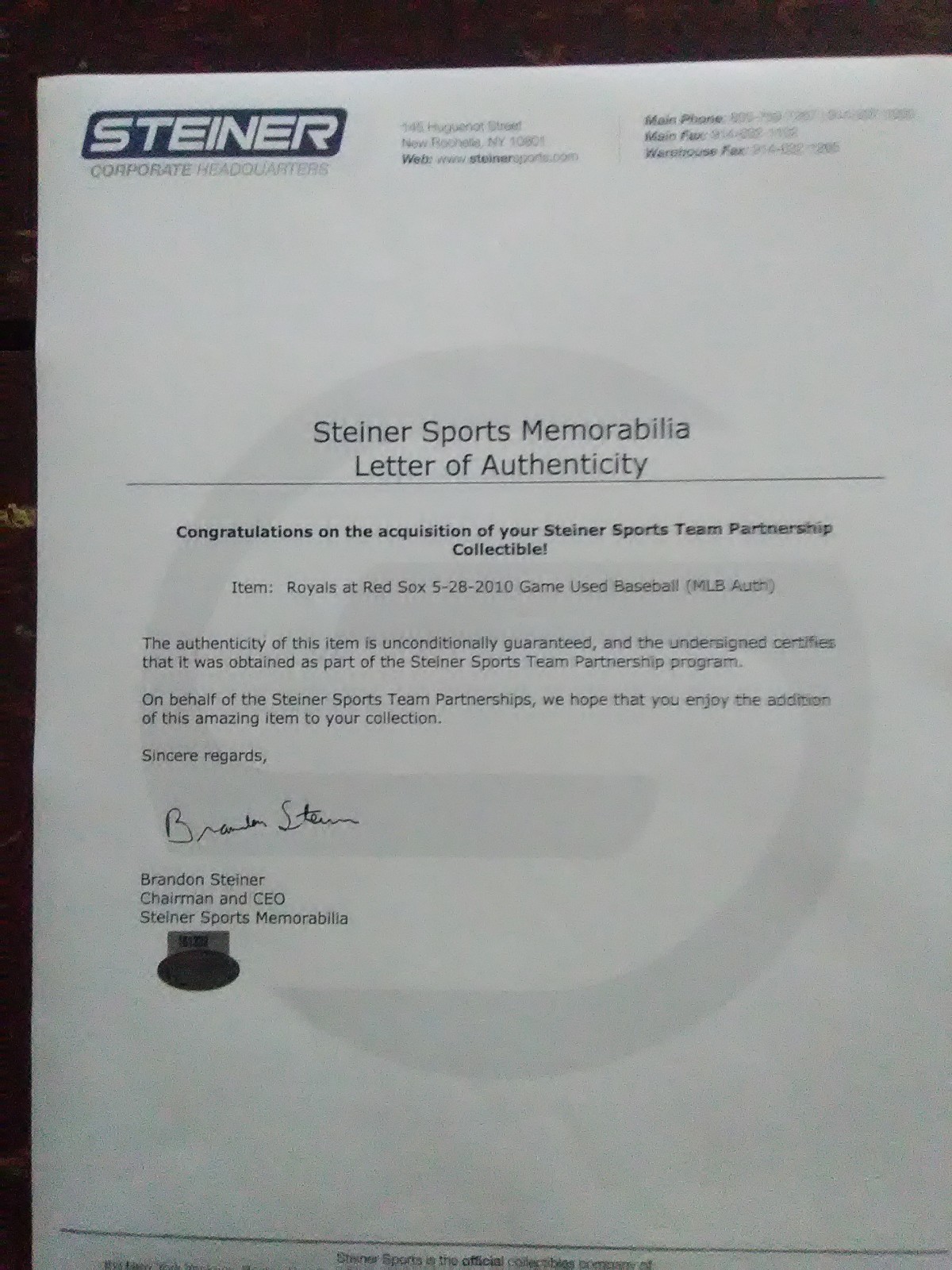 Royals at Red Sox MLB Game Used Baseball 5-28-2010 LOA Steiner Sports