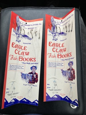 12 Vintage Wright & McGill Eagle Claw Hooks Size 4. &  Original Box For Size 5