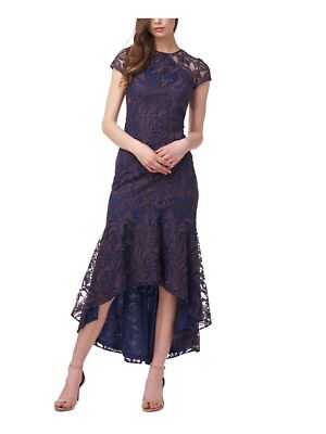 

JS COLLECTION Женская сетчатая вышивка с короткими рукавами и круглым вырезом макси для вечернего хай-лоу, Navy