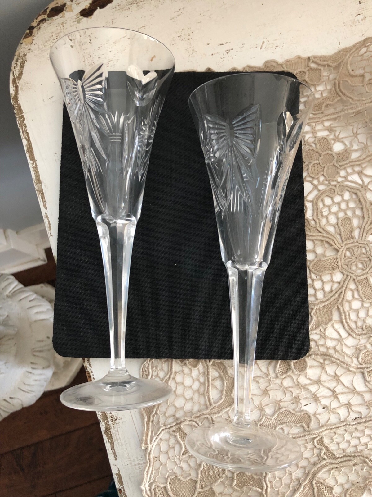 Set of 2 Waterford Millenium Toasting Flutes Happiness Chip on base