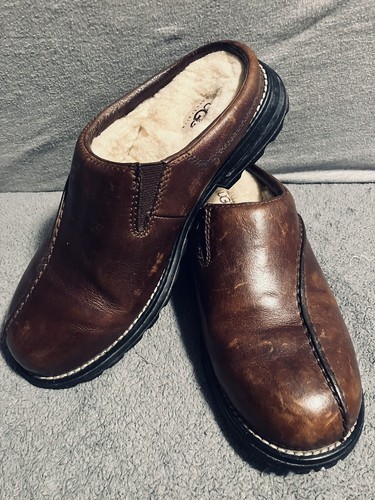 UGG 5348 Midtown Brown Leather Mule Clogs Shearling Lined