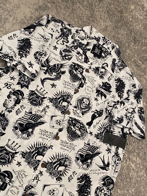 Ed Hardy Tattoo AOP Button Down Shirt Men s M White Retro Y2K NWT Soft Clean