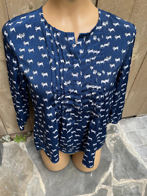 Oat & Fawn Women's XS NAVY w/ Pug Dog Print 3/4 Sleeve 1/2 Button Blouse Top