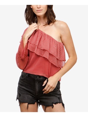 Женский красный топ с воланами и длинным рукавом от БРЕНДА LUCKY с асимметричным вырезом XS