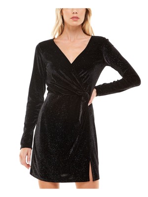 

TRIXXI Womens Stretch Glitter Long Sleeve Surplice Neckline Short Cocktail, Черный
