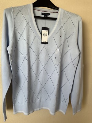 Tommy Hilfiger Womens Collared Argyle Twofer Sweater Blue M
