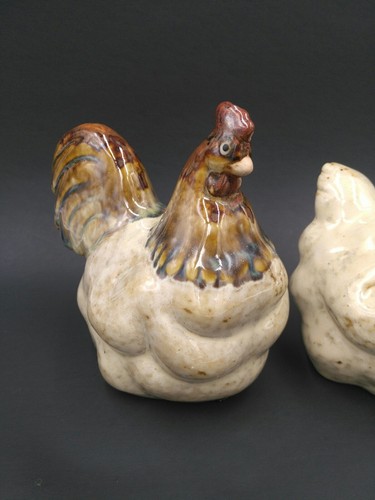 CHICKEN ROOSTER & HEN CERAMIC FIGURINES Rustic Farmhouse Country SET OF 2